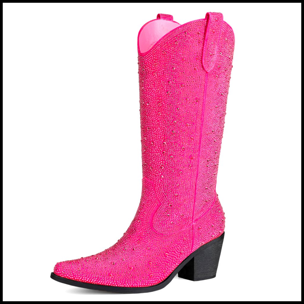 Mid Calf Rhinestone Cowboy Boots Pointed Toe Sparkly Block Heel Pull On Tabs